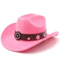 Detail of vintage pink suede cowboy hat with embroidered floral leather band and metal stud - M (56-58cm) / Magenta
