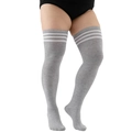 Plus size over-the-knee dark grey socks with white triple stripes for thick thighs - Plus Size / Light Grey + White Stripe