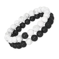 Close-up of 8mm white turquoise and black lava stone beads on elastic bracelets - Howlite + Lava Stone 2-Piece Set