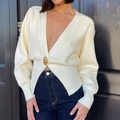 Elegante crème gebreide cardigan met V-hals en gouden knoop voor een casual chique look - S / Wit