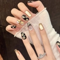 Uñas postizas retro negras y doradas con arte floral pintado a mano y acabado de ojo de gato - XS / 3233-Estilo Chino