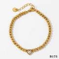 Golden beaded stainless steel bracelet with heart cubic zirconia charm and K18 hallmark - Stainless Steel/Zirconia / Gold Heart Bead Chain Bracelet (B175)