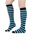 Detailed view of knee-high socks featuring classic horizontal blue and black stripes - Straight Without Heel / Light Blue & Black Thin Stripes