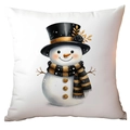 White Christmas pillow case featuring a refined snowman with a black gold top hat and scarf - Gentleman Top Hat Snowman
