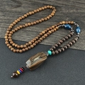 Vintage ethnic style long wooden bead necklace with turquoise and brown rectangle pendant - Coffee Bean Resin Wood Chain
