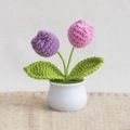 Handmade crochet potted plant with purple and pink flowers in a white ceramic pot - 2-Head Tulip Purple