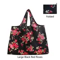 Large foldable black shopping bag with red rose pattern and compact storage pouch - Large - Black Red Rose