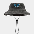 Washed cotton denim bucket hat with butterfly embroidery and adjustable chin strap - One Size / Black
