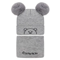 Ensemble bonnet et écharpe tricotés gris pour bébé avec doubles pompons et ourson - Gris