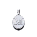 Detail of 22mm stainless steel oval pendant with mother of pearl inlay and letter M - Steel Letter M