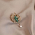 Elegant gold-plated leaf brooch with green marquise stones and pearl drop on silk - 535# Green Leaves