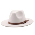 Detailed view of white felt fedora hat featuring a brown leather belt with silver buckle - Pure White