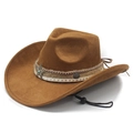 Brown suede Western cowboy hat with metal star studs and adjustable windproof chin strap - Khaki