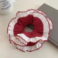 Floral scrunchie in burgundy and white with contrasting wavy lace edges - Wine Red + Red Border
