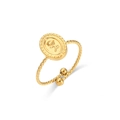 Detailed close-up of 18K gold-plated adjustable ring with rose-engraved oval seal - Oval Rose / Adjustable Open