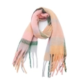 Close-up of thick plaid scarf texture with soft pink and blue check and fringe detail - Yellow Pink Green