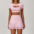Pink sports set with hollow-out short sleeve top and asymmetric pleated mini skirt - S / Top And Bottom / Short Sleeve And Short Skirt / Peach Pink