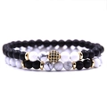 Ensemble de deux bracelets perlés avec perles noires mates et pierres de marbre blanc - Style Pin Blanc(NSB00350K)