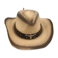 Western cowboy straw hat in natural beige with vintage burnt edges and bull head emblem - One Size / Off-white 3 (Black Leather Bull Head)