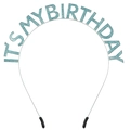 Rainbow IT'S MY BIRTHDAY tiara with blue glitter letters on silver metal headband - Lake Blue