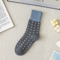 Women's dark grey polka dot crew socks with blue ribbed cuffs and cozy knit texture - Dark Grey Polka Dot