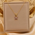 Detail of 18K gold plated butterfly pendant necklace with purple zircon inlay on silk - Gold + Purple