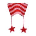 Handmade crochet cat ear beanie with pink and red stripes and star pendants - Adult 56-59cm / Pink Red Patchwork