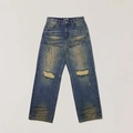 Jean large vintage bleu avec genoux déchirés et texture délavée de haute qualité - XS / Bleu Foncé Sauvage Déchiré