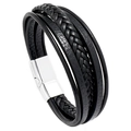 Men's multi-layer black braided leather bracelet with silver magnetic stainless steel clasp - Silver Alloy Clasp + Black Leather