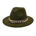 Detail of olive green fedora hat featuring a chunky rose gold chain and flat brim - M (56-58cm) / Army Green