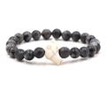 Elastic beaded bracelet with natural grey stones and a white turquoise dolphin charm - Larvikite