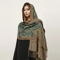 Detail of blue-green paisley cashmere-like shawl with golden floral patterns and fringes - T368-14 Blue Green Gold