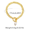 Detail view of 18K gold plated chain bracelet with pearl pendant showing 17cm length - KB0173-Cuban Chain Pearl Pendant