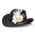 Detail of dark brown felt cowboy hat with cream flower, feathers and white mesh veil - 01 Coffee