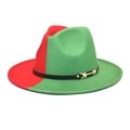 Detail of red and green two-tone fedora hat with black leather band and gold buckle - Red & Grass Green / M (56-58cm)