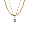 Double-layered gold snake chain necklace with rectangular emerald-cut clear crystal pendant - Gold