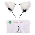 White faux fur cat ear headband and lace choker set with large silver bells - White/Black Cat Ears + White Lace Choker