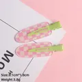 Pink checkered hair clip set with green metal base, dimensions 6.1cm by 1.8cm - Matcha With Pink White Grid