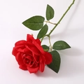 Realistic artificial red silk rose stem with velvety petals and green leaves - Large Head Red