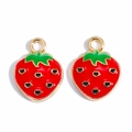 Cute red strawberry enamel pendant with green leaves and golden alloy loops for jewelry DIY - Red Round Strawberry