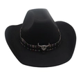 Schwarzer Western-Cowboyhut aus Filz mit gewebtem Band und silbernem Bullenkopf-Anhänger - Einheitsgröße / Schwarz
