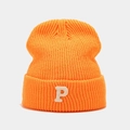 Detailed view of orange ribbed knit beanie with white embroidered P letter patch - Orange