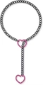 Y-shaped stainless steel curb chain necklace with pink hollow heart charms in dark grey finish - Black Chain Rose Gold Heart 8mm 63cm