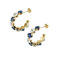 Golden C-shaped earrings with blue and clear zircon stones on a white background - White and Blue