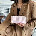 Minimalist light pink long PU leather wallet with vertical quilted texture and gold zipper - Pink