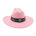 Cappello jazz bohémien rosa con fascia ricamata a fiori turchesi e stile etnico retrò - Rosa