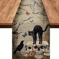 Detalle de camino de mesa de lino para Halloween con gato negro sobre calaveras y arte - Estilo 6-Gato Negro Vintage Calavera Cuervo