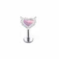 Labret de ópalo corazón rosa con alas sobre base de acero inoxidable plateado - Ópalo Artificial Rosa (L3121501)