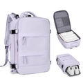 Detail of lavender travel backpack featuring an independent shoe compartment and 180-degree opening - Horizontal Double Pull Style / Grey Purple