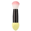 Dual-ended makeup brush with pink fiber bristles and yellow sponge puff for foundation - Slanted Cut / Yellow